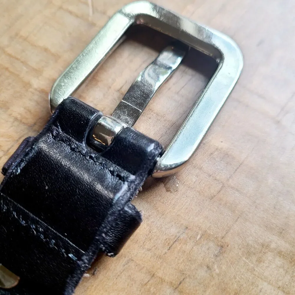FOSSIL Black Genuine Leather Belt Size M Silver Square‎ Buckle